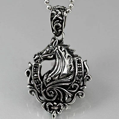 silver HORSE pendant black crystal stainless steel ball chain necklace  Foto 1 de 3