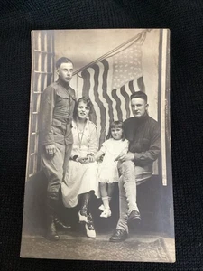 RPPC WWI Vintage studio real photo Postcard American flag high boots soldiers - Picture 1 of 2