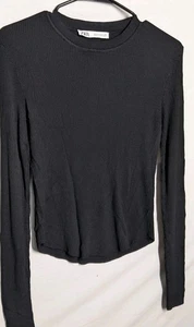 Zara Womens Size Medium Black Ribbed Long Sleeve Top T Shirt - Picture 1 of 8