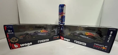 MAX VERSTAPPEN   SERGIO PEREZ BURAGO 1/18 RED BULL  RB19 WITH LTD RARE CAN  NEW. - Image 1 of 3