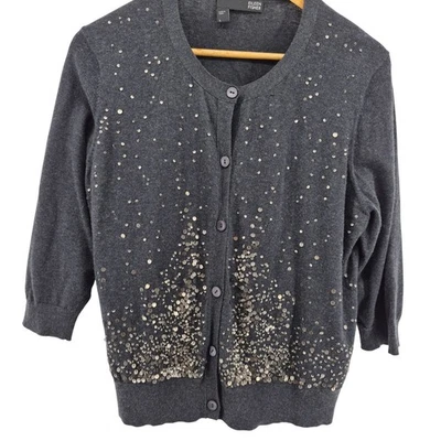 Cárdigan Suéter Eileen Fisher Gris Lentejuelas Adornado Mezcla Cachemira Talla L Foto 1 de 4