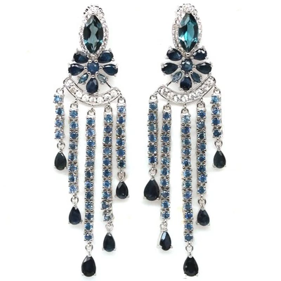 Thai Handmade 5 x 10 mm. London Blue Topaz, Sapphire & Zircon Earrings - Image 1 of 4
