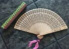 Antique Japanese Wood Sensu Folding Hand Fan with Double Pink Tassels
