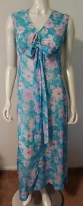 Vintage Blue Purple Floral Long Dress S 4 Tie Front Sleeveless Maxi - Picture 1 of 6