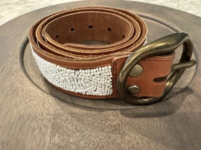 Lucky Brand Women’s White Beaded Tan Leather Belt.  Size S - Image 1 of 4