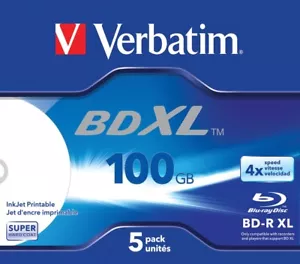 0023942437895 Verbatim BD-R XL 100GB* 4x Wide Inkjet Printable 5 Pack Jewel Case - Picture 1 of 3
