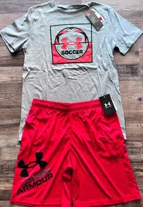 NWT Under Armour Boys YXL Red/Gray/Black SOCCER Shorts Set XL - Picture 1 of 5