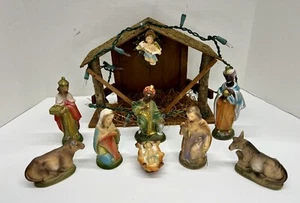 Vintage handbemalte Japan Pappmaché Krippe beleuchtet mit Holzkrippe - Bild 1 von 24