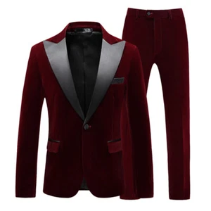 Hombres Traje de Terciopelo Borgoña Pico Solapa Lujo Novio Fiesta Baile de graduación Esmoquin Traje de Boda - Imagen 1 de 11