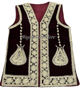 Afghan Traditional men Mehroon Velvet vest with heavy Gold braided embroidery - Picture 1 of 3