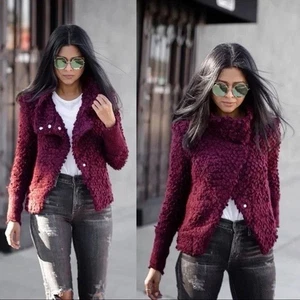 IRO Paris Caty Looped Knit Moto Jacket Burgundy Snap Buttons Wool Blend Size 38 - Picture 1 of 10