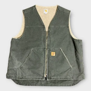 Chaleco Carhartt Para Hombres XL V26 MOS Verde Sherpa Forrado Cremallera Completa Lona Chaqueta de Trabajo Y2K - Imagen 1 de 13