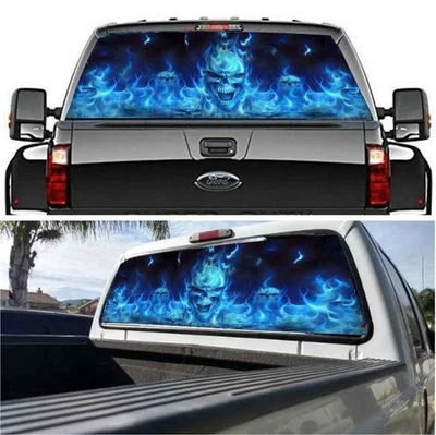 1PCS Car Blue Flaming Skull Rear Window Blue Graphic Decal Back Pickup Graphics - Image 1 of 4