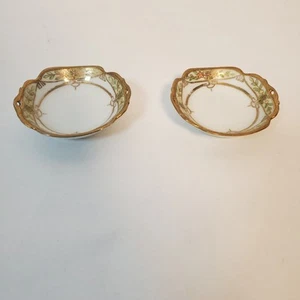 VTG Nippon 2 Hand Painted White Green Floral Gold Trim Salt Butter Trinket Dish - Picture 1 of 16