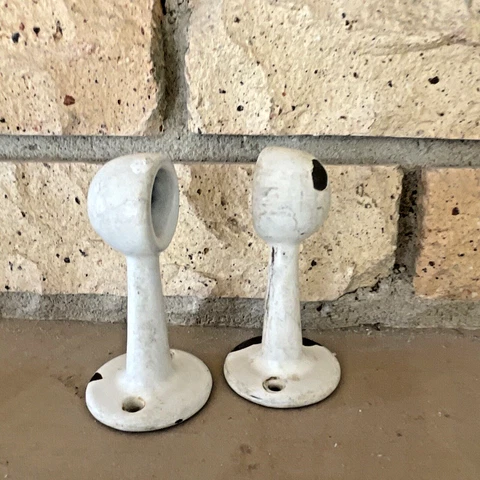 2 VTG Porcelain Iron BATHROOM Towel Rod Holder Brackets Antique Hardware Rustic Cover