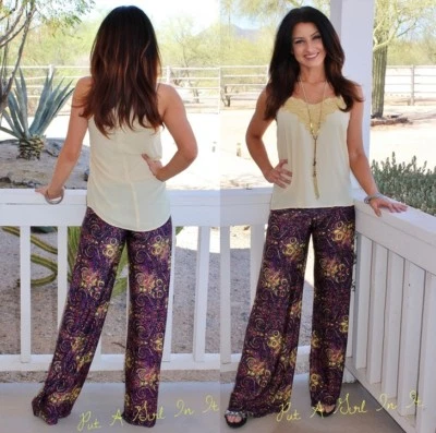 EE. UU. Nuevos PANTALONES PALAZZO BOHO ALTO PLIEGUE PÚRPURA LLUVIA HIPPIE AÑOS 70 PARA MUJER S M Foto 1 de 4