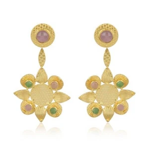 Multiple Shape Dangle Brass Earring Chalcedony Prehnite Gemstone Flower Earring - Picture 1 of 4