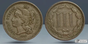 1867 Three Cent Piece, 3C Nickel, Very Fine+ Condition, Free Shipping, C7612 - Picture 1 of 3