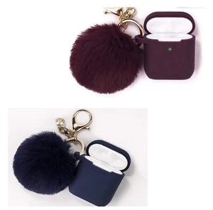 2PKSilicone AirPod Case Charging Cover Water Resistant w/Puff Ball Pom Key Ring - Picture 1 of 6