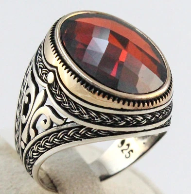 Turkish Ottoman 925 Sterling Silver Ruby Faceted Men Luxury Men's Ring All Sizes - Image 1 of 4