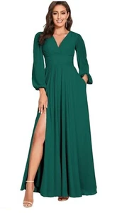 Women's V-Neck Dresses with Long Sleeves Split Pleats Chiffon Formal Size 8 - Picture 1 of 7