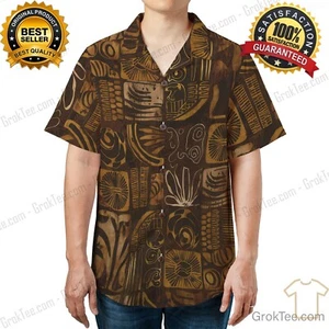 Camicia hawaiana vintage stampa tribale, top unisex stile isola polinesiana - Foto 1 di 8