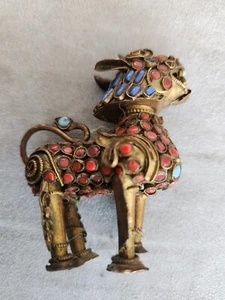 Chinese Cloisonne Foo Dog Verdigris Bronze Brass Beast Lion Statue Vintage - Picture 1 of 8