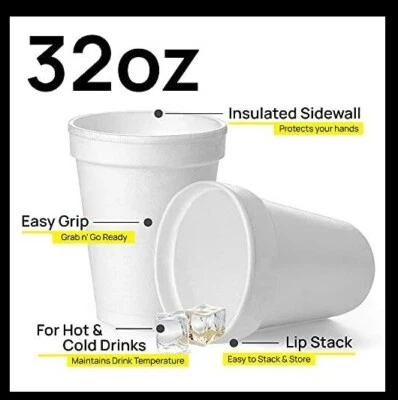 DART 32 Oz Disposable Styrofoam Cups (25 Pack), White Foam Cup Insulates Hot & Cold
