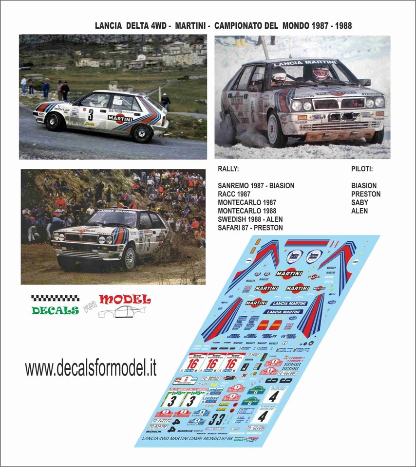 DECALS 1:43 LANCIA DELTA 4WD MARTINI BIASION SABY ALEN RALLY VARI 1987-1988 - Immagine 1 di 1