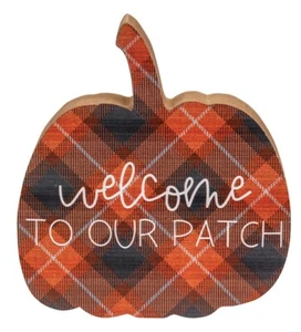 Pumpkin Sign Welcome Plaid Chunky Shelf Sitter Thanksgiving Decor 5.5 inch - Picture 1 of 5
