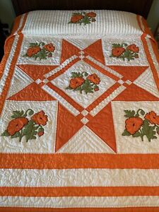 Vintage Applique Quilt  Orange Flower 93x104
