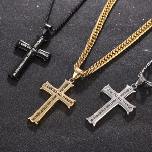 Gold/Silver Bible Verse Philippians 4:13 Stainless Steel Cross Pendant Necklace - Picture 1 of 30