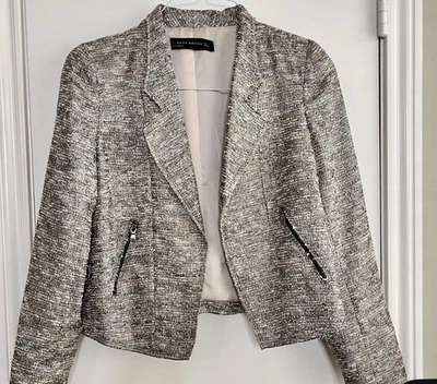Chaqueta Blazer Zara Mujer Dorado Plateado Metálico Tweed Boucle Motocicleta Edgy L Foto 1 de 4