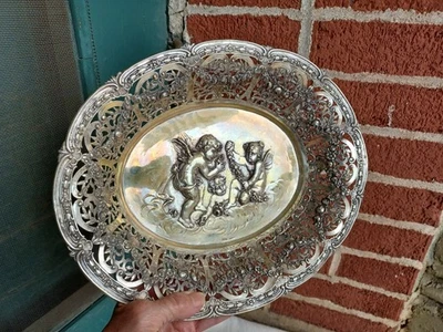 ANTIGUA ALEMANIA 800 PLATA QUERUBÍN ROSA GUIRNALDA REPUJADO PERFORADO 12" CUENCO Foto 1 de 4