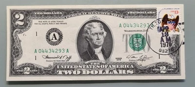 1976 Two Dollar Federal Reserve Note $2 with Stamp - First Day of Issue #96381 - Image 1 of 2