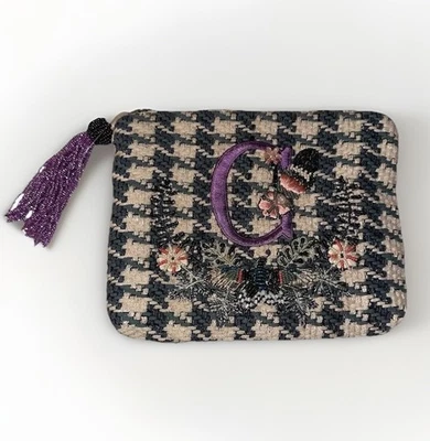 Anthropologie Beaded Embroidered Monogram Houndstooth Striped Pouch New "C" Gift - Image 1 of 4