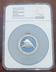 2019 NGC MS 70 BARBADOS 3oz Silver $5 "UNERWATER WORLD - DOLPHIN" #74 Antiqued - Picture 1 of 3