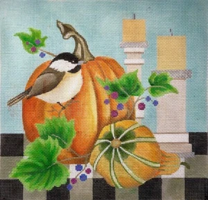 Needlepoint Handpainted Amanda Lawford Autumn Chickadee 8x8 - Picture 1 of 4