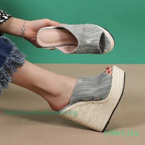 Women's Super High Hemp Rope Weaving Wedge Heel Slippers Denim Jeans Ripped Mule - Picture 1 of 19