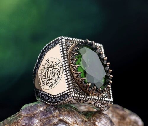 Pieczęć króla Salomonów, srebro szterlingowe 925 wiktoriańska zieleń szafir pierścionek z kamieniem szlachetnym