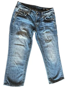 Miss Me Mid-Rise Cuffed Capri or No Cuff Distressed Blue Jeans Sz 26 Embellished - Picture 1 of 14