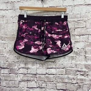 Reebok Shorts Girls Small Purple Camo Print Elastic Tie Waist Lined Athletic - Picture 1 of 10