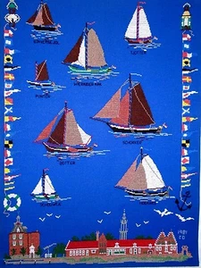 Finished Cross Stitch Vintage Nautical Yachts Sailboats Mounted 24" x 18" - Picture 1 of 11