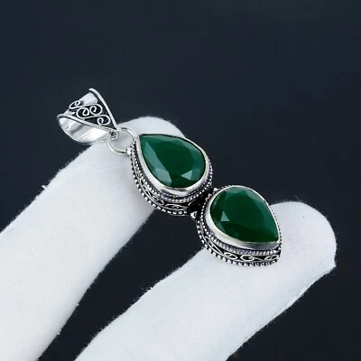 Verde Onice Gemma a Mano 925 Pendente Argento Sterling Per Anniversario Regali - Immagine 1 di 4