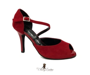 SCARPA DA BALLO DONNA SALSA LATINO TANGO CAMOSCIO ROSSO E VERNICE TACCO 9,5 CM - Foto 1 di 4