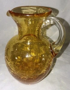 Amber Crackle Glass Pitcher Hand Blown Vintage Applied Clear Handle 4 Inch Tall - Picture 1 of 7