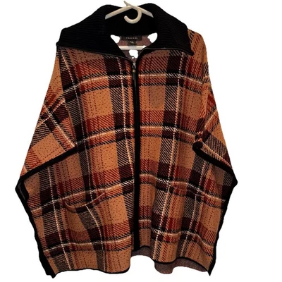 Poncho para mujer Tahari suéter a cuadros cremallera frontal marrón negro XL de gran tamaño Foto 1 de 4