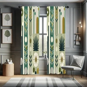 Mid Century Modern Curtains, Abstract Circles Leaves and Stripes in Nature Co... - Picture 1 of 4