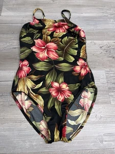 Vintage Lands’ End Full Coverage Swimsuit 1 Piece Soft Bra Black Floral Size 8 - Picture 1 of 6