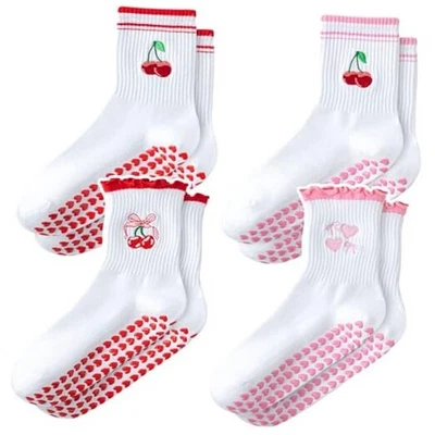  Calcetines Pilates con Empuñaduras para Mujer, 4 Pares Volantes Yoga 2 Pares Rosa+2 Pares Rojo Foto 1 de 4